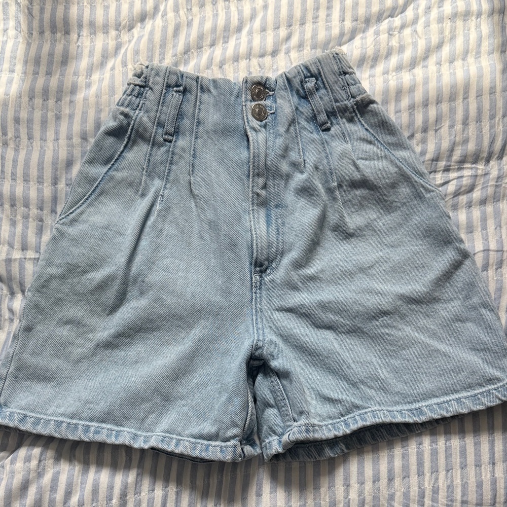 Zara Light Blue High-Waist Denim Pleated Paperbag Shorts